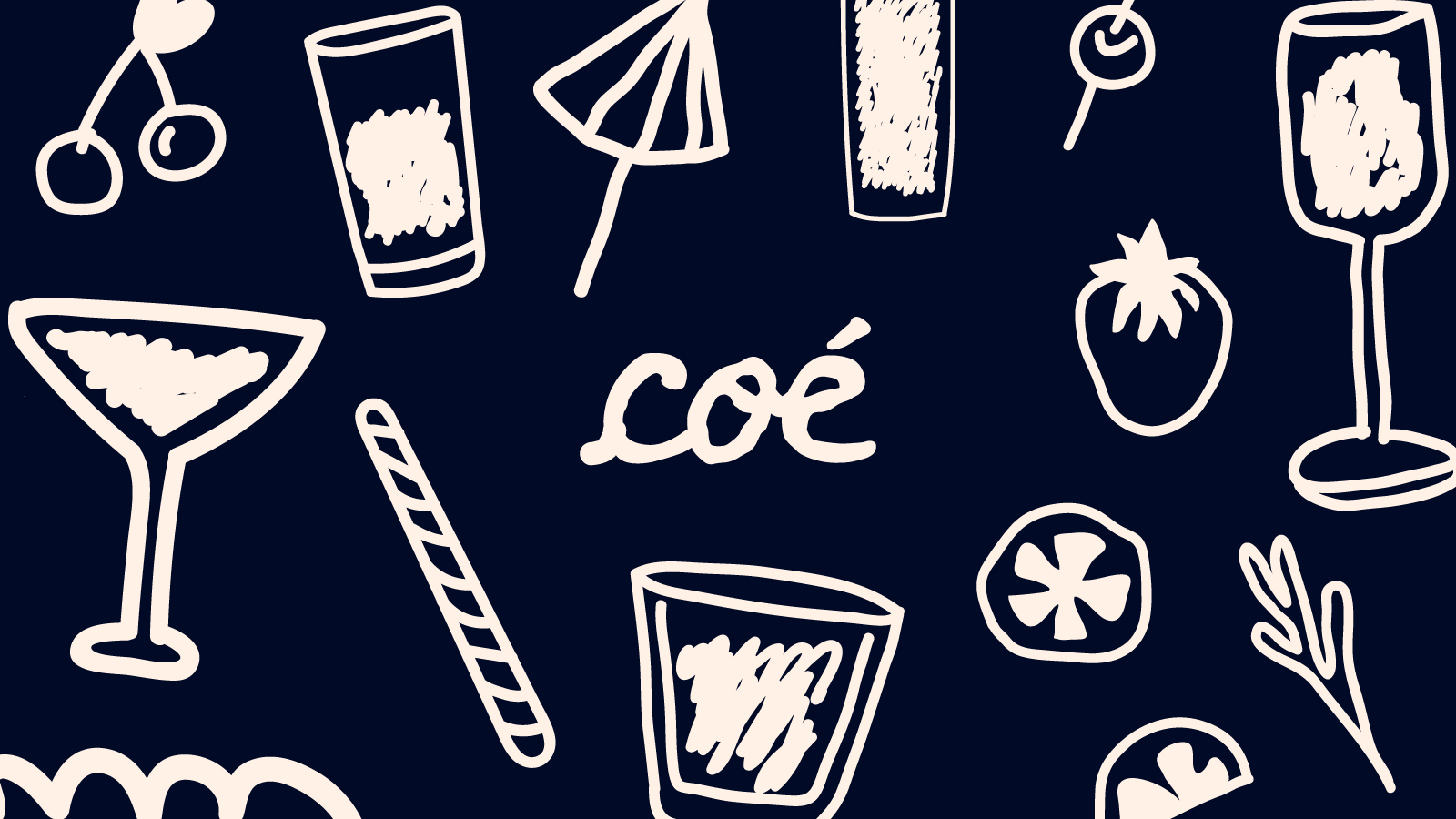 Vários símbolos de taças e frutas com a escrita Coé no centro