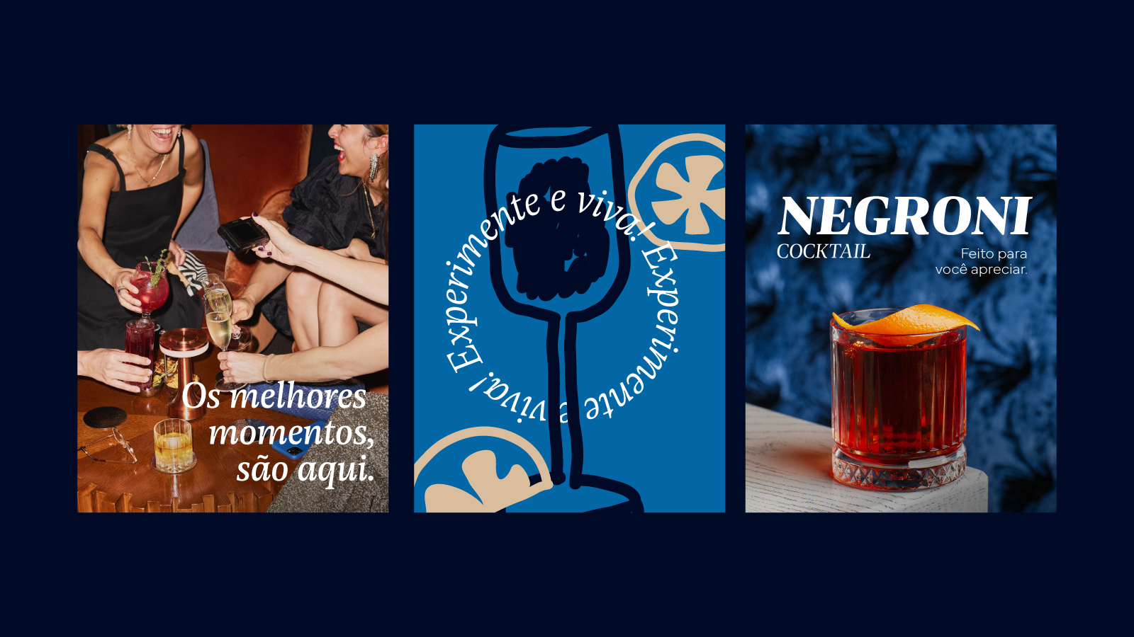 Fundo azul com três quadros no centro com algumas ideias de aplicação da marca Coé Bar